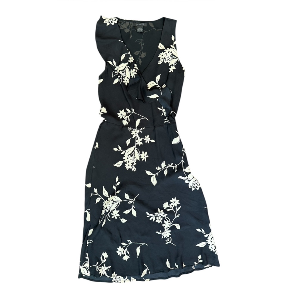 Vintage The Limited Silk‎ Midi Dress Sz 6 Black Ruffled Sleeveless 90s V Neck